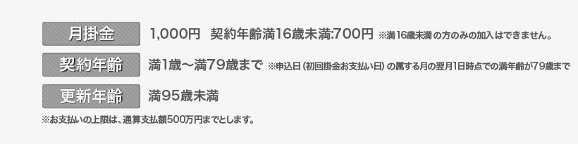 月掛金1000円　契約年齢満１６歳未満：７００円※満１６歳未満のみの加入はできません。